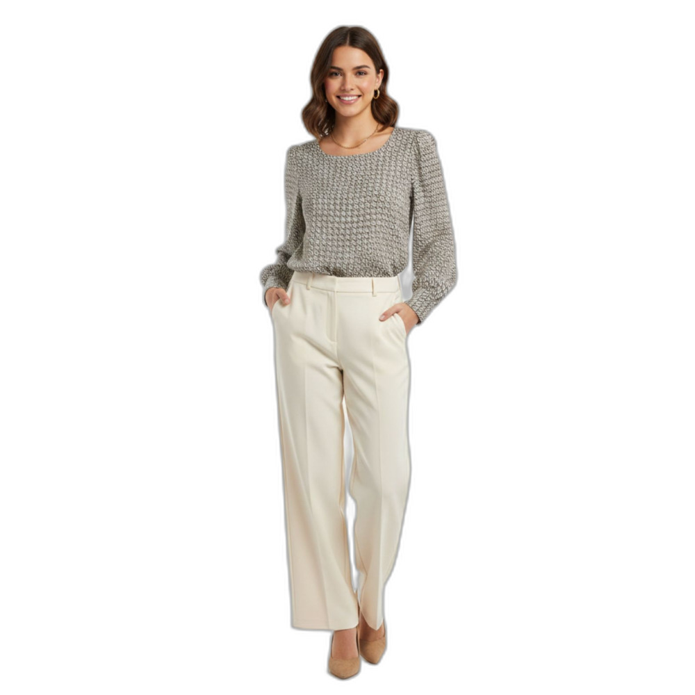 Express Blouse Women's Size L Beige White Black Long Sleeve Career Office